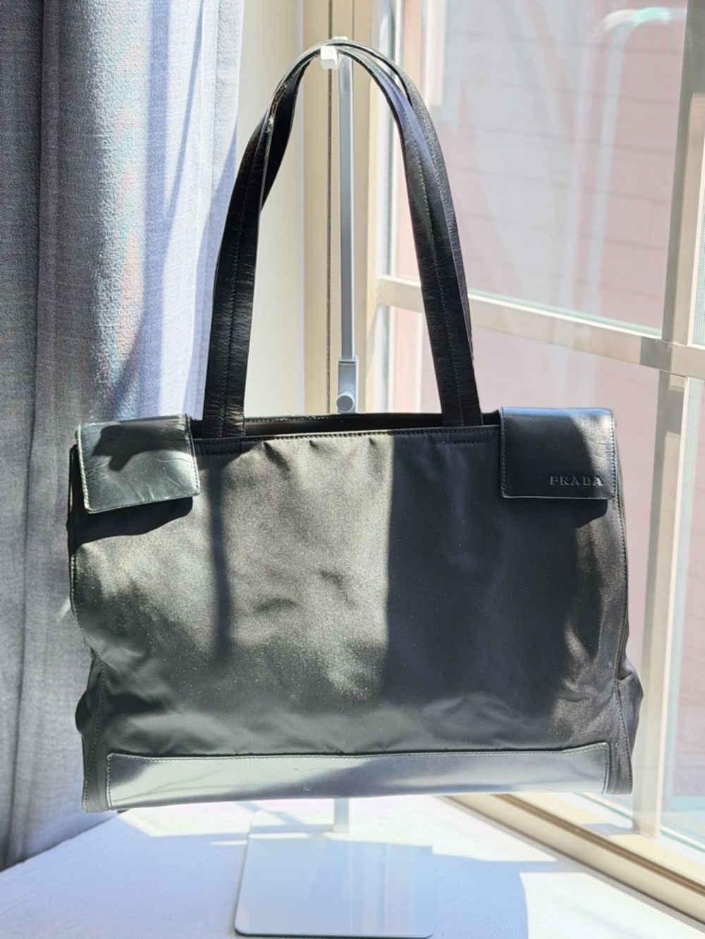 PRADA Nylon Leather Tote Bag Auth Black Medium Women